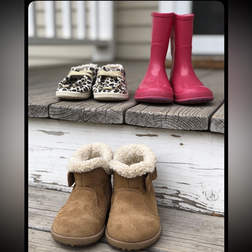 Kids Footwear Set - Brown Boots, Leopard Sneakers, Pink Rain Boots